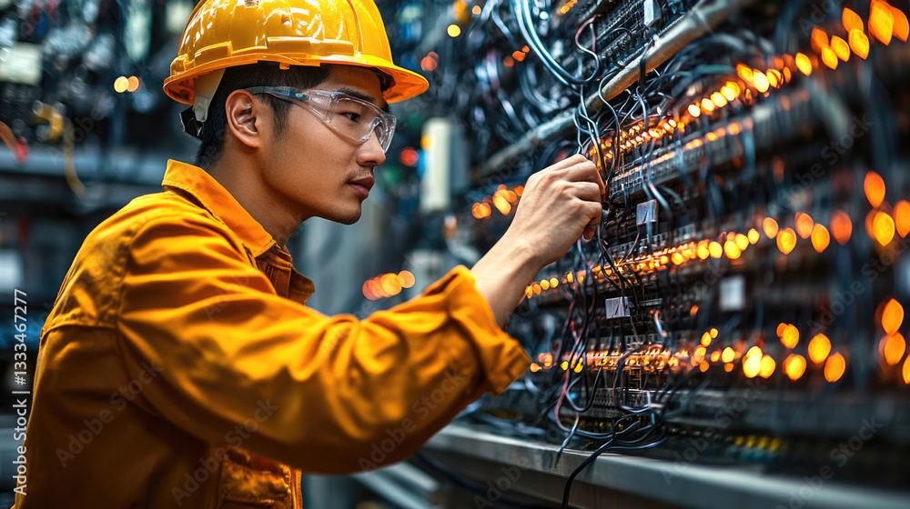 Poster electrician working on control panel with bright lights and wires