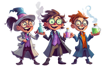 Kids dressed as mad scientists with potions, white or transparent background