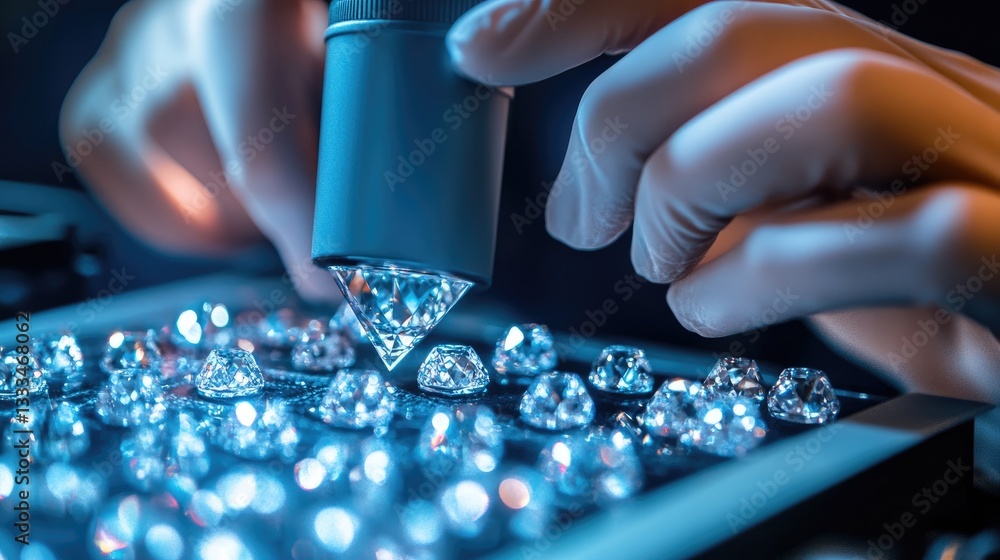Poster a high-resolution display of diamond quality grading under a magnification loupe.