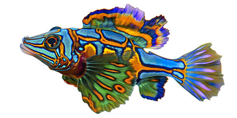 Obraz premium Vibrant mandarinfish with colorful patterns on white background