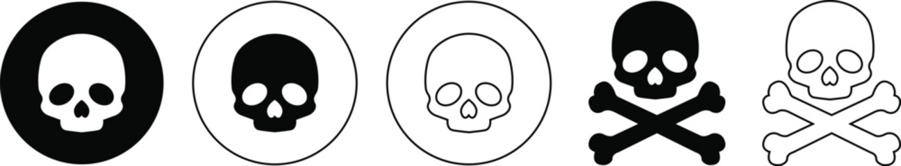 Skull crossbone pirate icon set logo Halloween ghost graphic danger anatomy symbol Silhouette. Cartoon skull death flat and line vector collection isolated on transparent background for apps and game