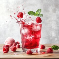 A cold, fresh raspberry cocktail with ice and berries, a sweet summer drink
