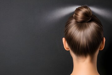 A woman with a bun on her head is spraying something on her hair