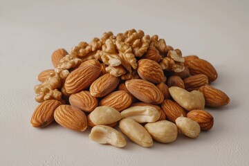 Natural assortment of almonds and walnuts on a white surface