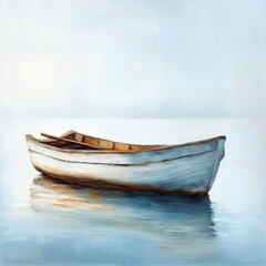 Calm, weathered rowboat on tranquil lake