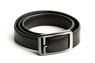 Stylish black leather belt showcased on clean white background