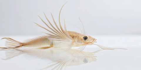 Delicate featherfin catfish resting on white surface, serene and elegant