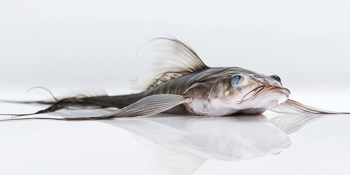 delicate featherfin catfish resting on white surface