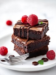 Stacked Brownies with Raspberries and Chocolate Drizzle on White Plate