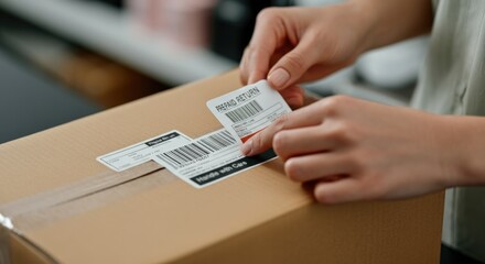 A person applies a shipping label to a cardboard box. The individual has light skin and hands are shown up close. The scene captures the process of preparing a package for delivery.