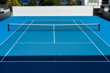 Female tennis player playing social tennis on a blue tennis court holding a tennis racket and...