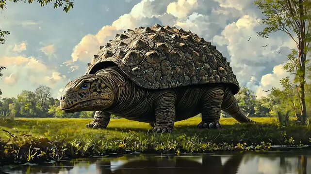 A large, ancient tortoise creature with a textured shell stands in a natural, outdoor environment.