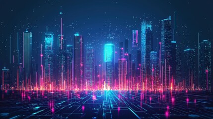 Futuristic cityscape with glowing skyscrapers and digital holograms, perfect for sci-fi projects
