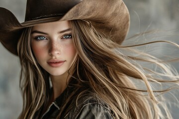 Western woman with long hair wearing a cowboy hat outdoors