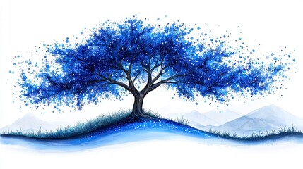 Vibrant Blue Tree Illustrating Serenity and Peace in a Scenic Natural Landscape