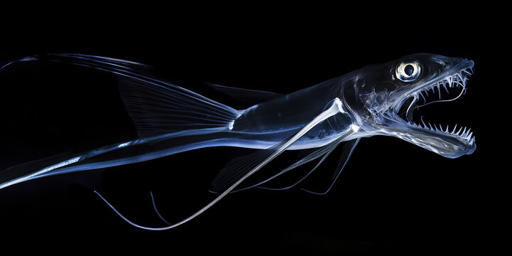 fierce looking lancetfish with sharp teeth and elongated body in dark water