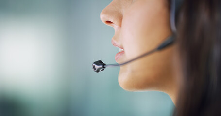 Call center, agent and mouth of woman with microphone for inbound assistance, sales advice and FAQ...
