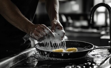 Chef cleaning pan in kitchen sink, soapy water, dishwashing