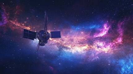 Naklejka premium A remote satellite observatory under the Milky Way, capturing deep space signals as vibrant cosmic colors illuminate the dark horizon