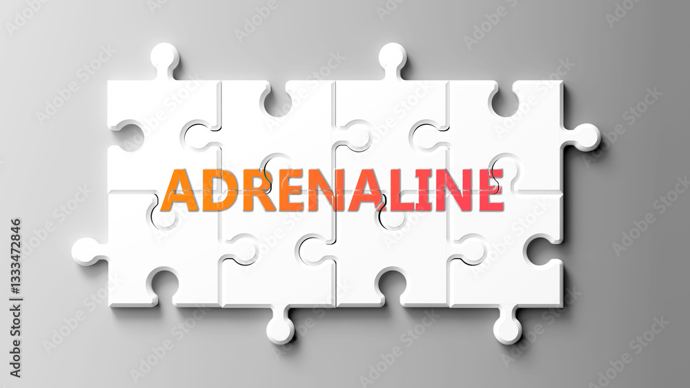 Poster adrenaline complex like a puzzle - pictured as word adrenaline on a puzzle pieces to show that adren
