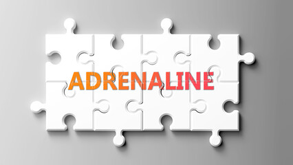 Adrenaline  complex like a puzzle - pictured as word adrenaline  on a puzzle pieces to show that adrenaline  is complex and needs cooperating pieces that fit together. ,3d illustration