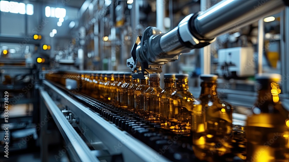 Poster a robotic assembly line where machines efficiently fill and seal bottles in a clean factory.