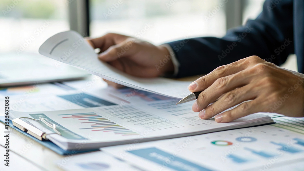 Poster person confidently reviews financial reports with charts and graphs, analyzing data at desk in offic