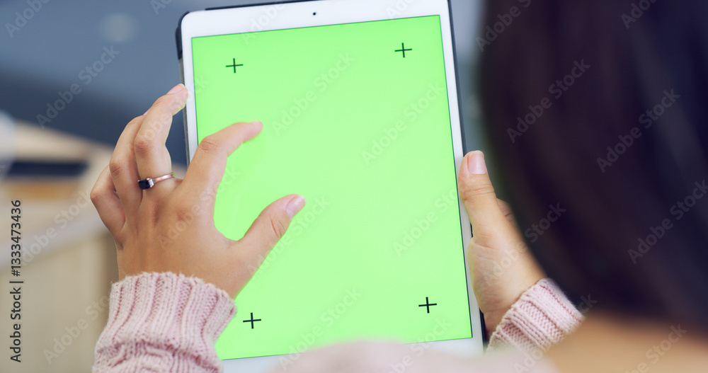 Poster green screen, tablet and hands of person online for website, internet search and networking. mockup 