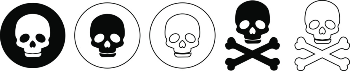 Skull crossbone pirate icon set logo Halloween ghost graphic danger anatomy symbol Silhouette. Cartoon skull death flat and line vector collection isolated on transparent background for apps and game
