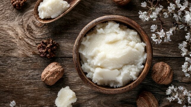 A rustic composition featuring raw shea nuts and a bowl of creamy shea butter, capturing natural skincare elements
