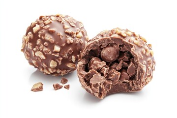 Obraz premium Chocolate Truffle Candy with Nuts and Filling on White Background