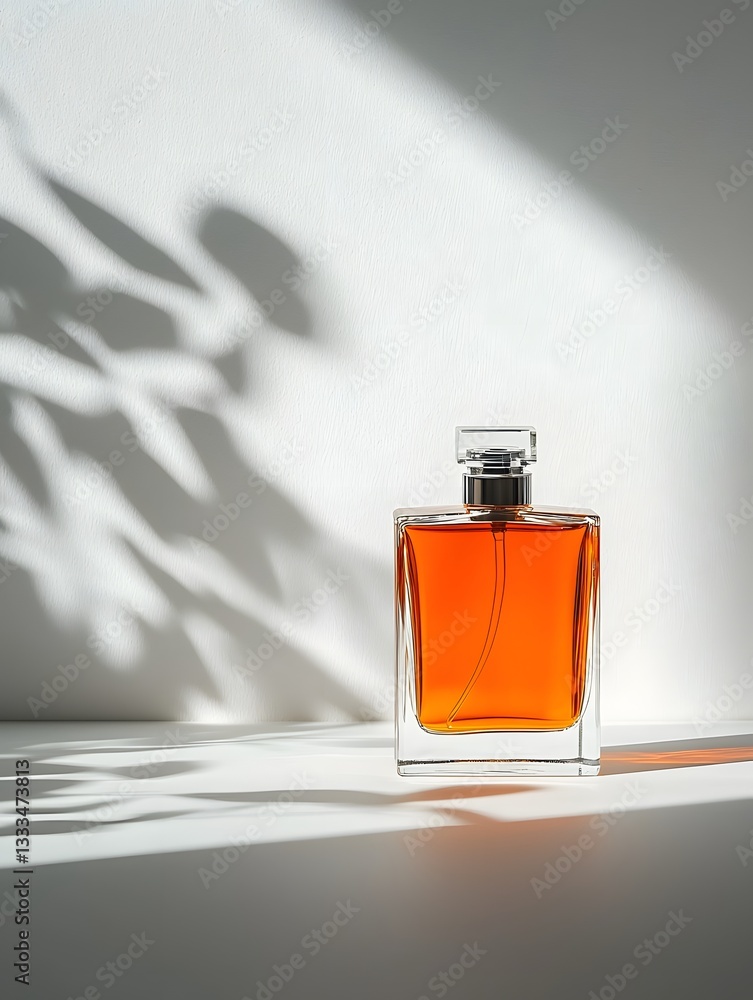 Poster ornate amber glass dropper bottle with an intricate faceted design casting a sharp dramatic shadow o