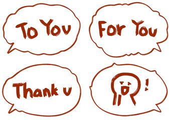 Doodle labels. Set of hand drawn labels in speech bubbles. Doodle labels to you, for you, thank you and doodle emoticon.