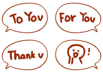 Doodle labels. Set of hand lettering simple word labels in speech bubbles. Doodle labels to you, for you, thank you and doodle emoticon.