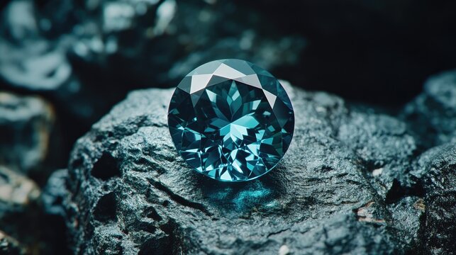 A polished serendibite gemstone displaying its rare deep greenish-blue color, placed on a high-end backdrop.