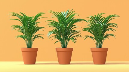 Three Potted Green Plants on Bright Yellow Background in Modern Style Arrangement