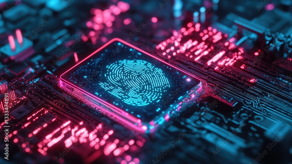 Poster a sci-fi-inspired fingerprint scan interface, pulsing with neon energy over a futuristic motherboard