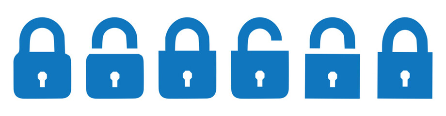 Set of Blue of locked and unlocked lock on white background. Set of Silhouette of locked and unlocked padlock. Flat vector 10 eps.