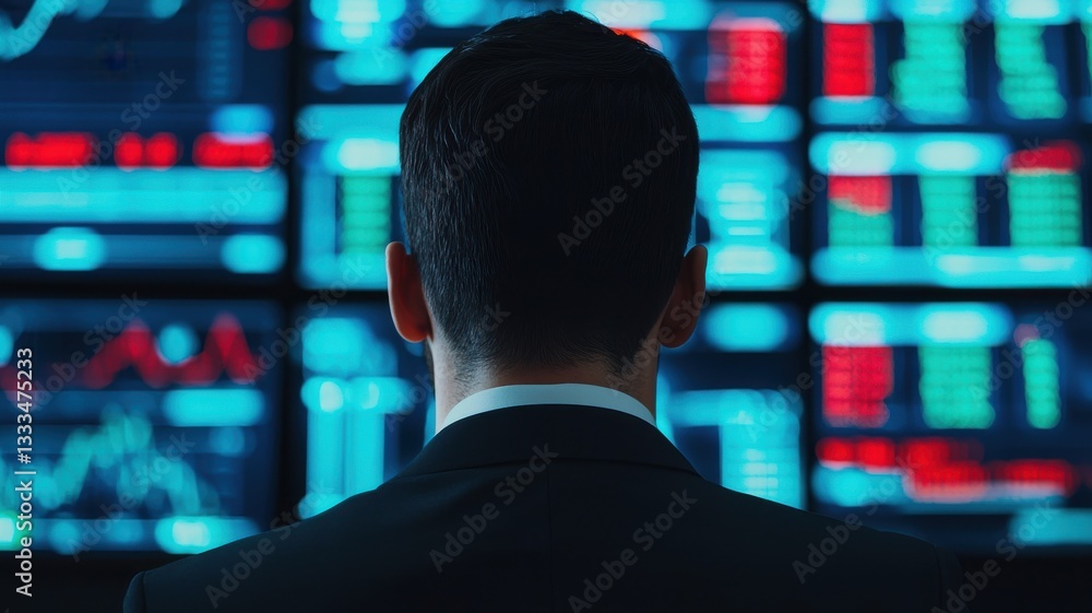 Poster stock market analysis trader monitoring financial data in a high-tech office environment