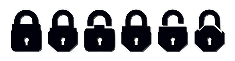 Set of Silhouette of locked and unlocked padlock. Flat vector 10 eps. Lock icon set. Padlock open and closed. Locked and unlocked icon. Security symbol. Vector illustration.