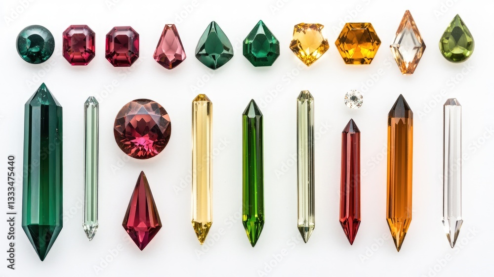 Poster a set of gemstone calibration tools placed neatly on a crisp white background.