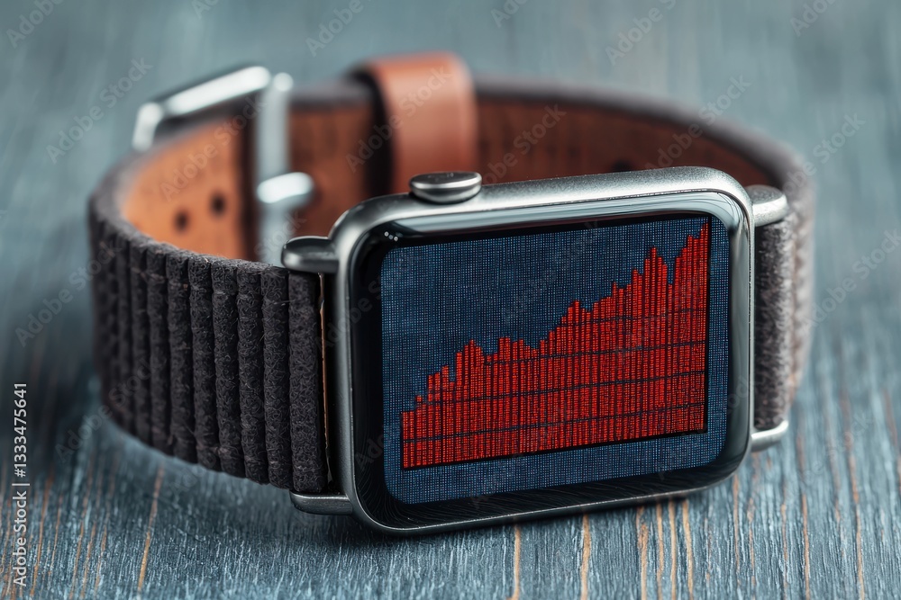 Poster analyzing financial growth trends on smartwatch display modern workspace digital data visualization 