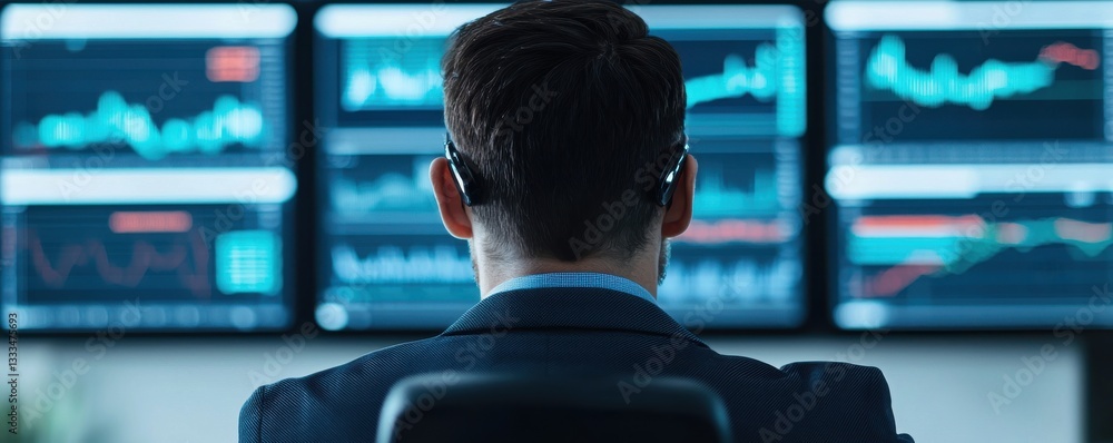 Poster trading insights analyst analyzing market trends in a modern office environment with data visualizat