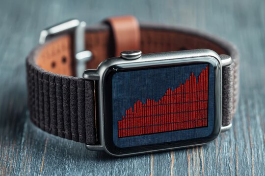 Analyzing financial growth trends on smartwatch display modern workspace digital data visualization close-up view