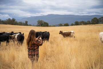 female regenerative organic farmer, taking soil samples and looking at plant growth in a farm. women in agriculture practicing sustainable agriculture good looking farmer