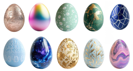Set of 10 Easter eggs, isolated, with Rainbow, cosmic galaxy, green, floral, green emerald marble, botanical golden white easter eggs, cracked design, blue pink purple