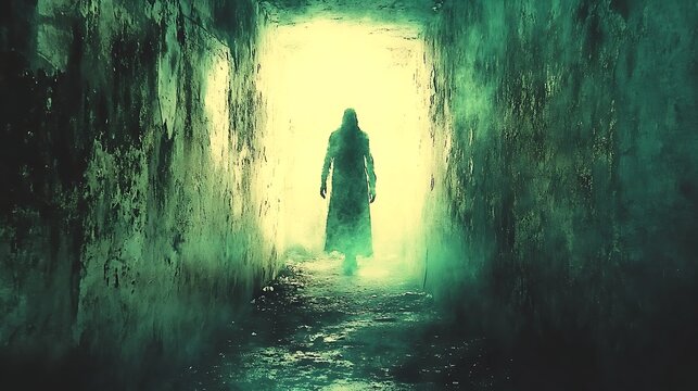 Figure walking toward light in tunnel