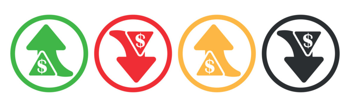 Money increase icon with arrow up symbol, dollar decrease icon . profit and lose money vector icons - Cost rising icon