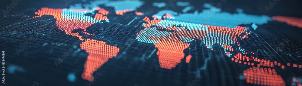 Poster visualizing global data trends world map digital art cyber environment aerial view technology concep