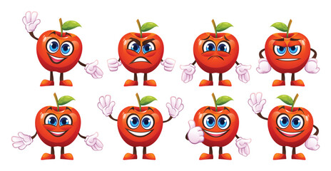 Set of cartoon apple characters with various expressions and poses. Vector illustration
